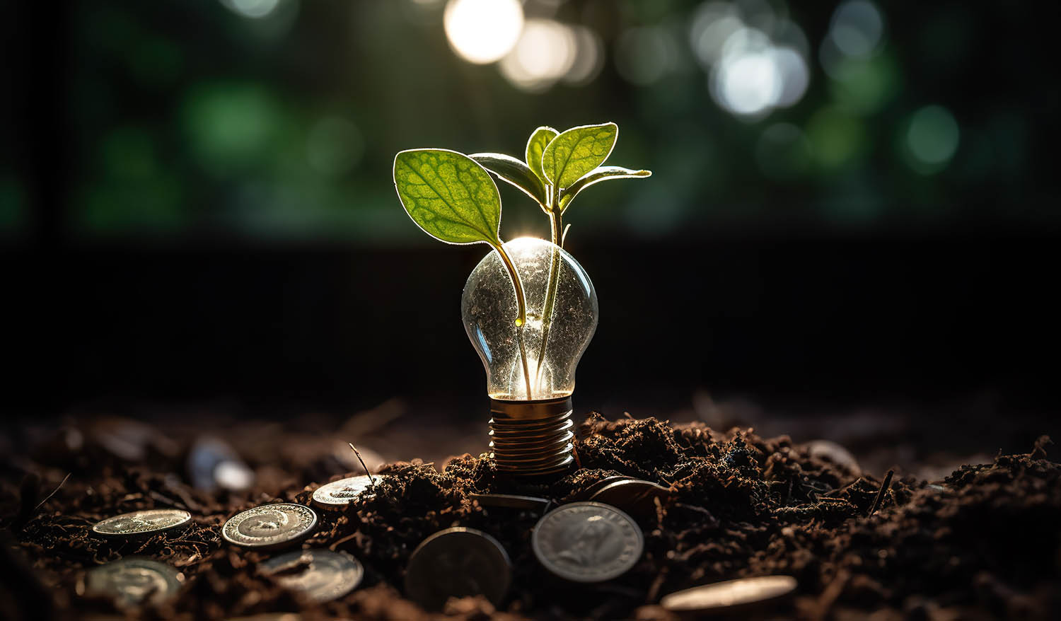 Light bulb with young plant for energy concept put on the soil in soft green nature background.